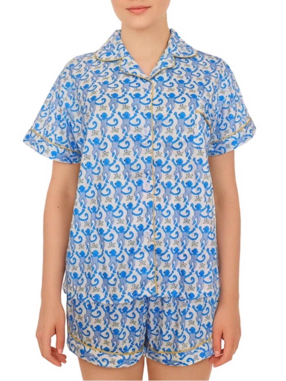 Women’s Blue Monkey Pajama Shorts Shirt Set Medium M Unbranded